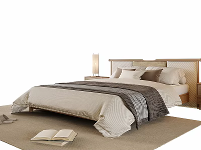Modern Double Bed Interior With Wooden Headboard Neutral Linens Gray Throw And Open Book 3d model