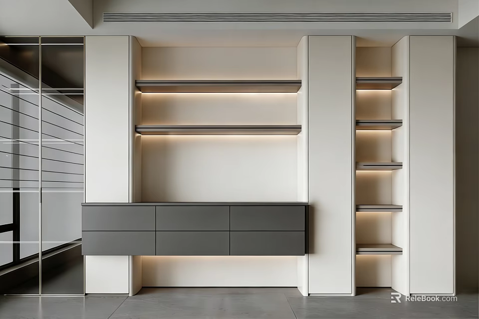 Modern Wine Cabinet Design With LED Lighting Open Shelves And Drawers 3d model 