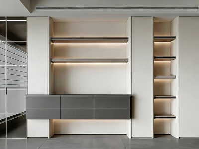 Modern Wine Cabinet Design With LED Lighting Open Shelves And Drawers 3d model