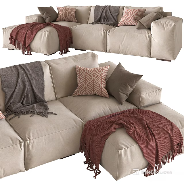 Beige Double Sofa With Gray Red Blankets And Geometric Pattern Pillows 3d model 