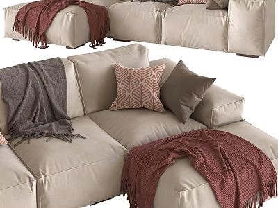 Beige Double Sofa With Gray Red Blankets And Geometric Pattern Pillows 3d model