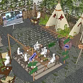 Outdoor Campsite With Tepees String Lights And People Gathering At Wooden Tables