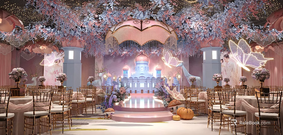 Elegant Banquet Hall Interior With Pastel Pink Blue Decor Flower Ceiling And Castle Stage 3d model 