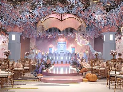 Elegant Banquet Hall Interior With Pastel Pink Blue Decor Flower Ceiling And Castle Stage 3d model