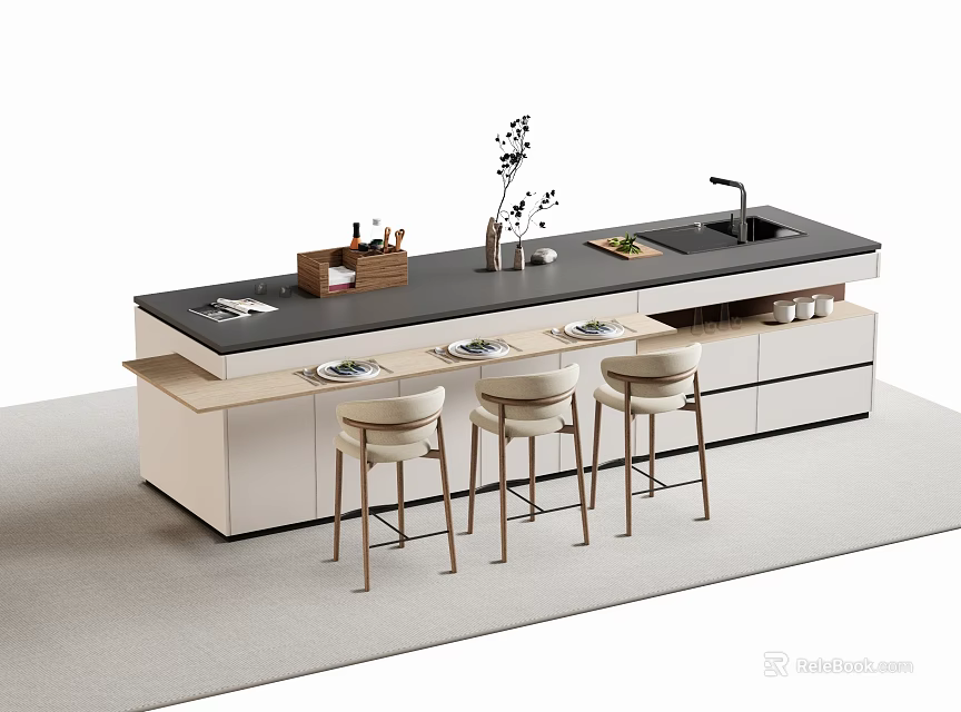 Modern Bar Counter Interior With Black Countertop Light Cabinets Bar Stools Sink And Decorative Plants 3d model 