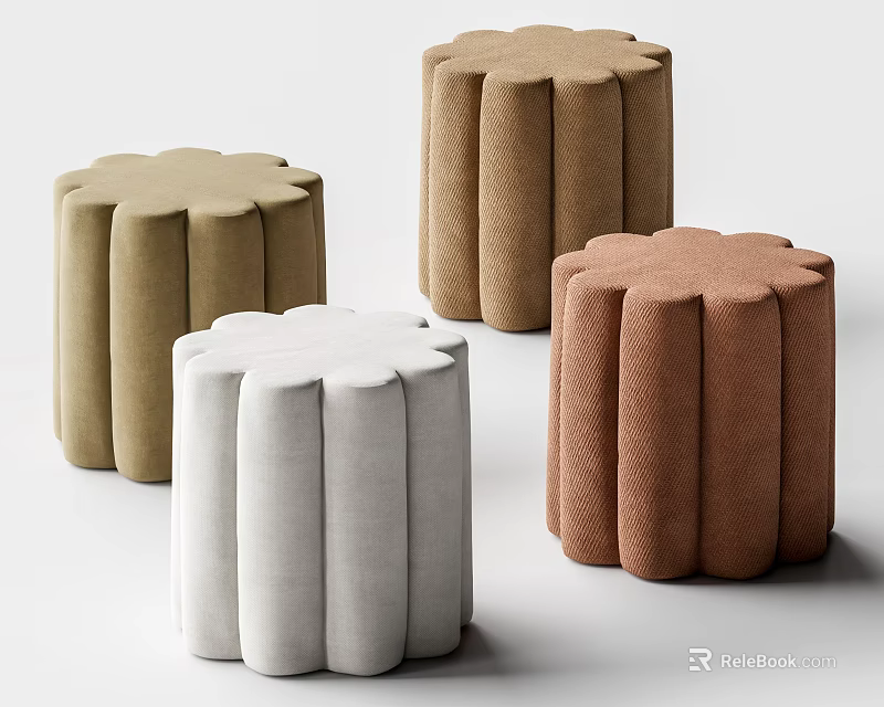 Flower Shaped Upholstered Sofa Stools With Pleated Design In Beige Brown White And Terracotta Colors 3d model 