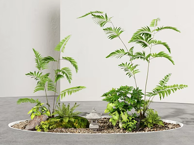 Green Plants In Circular Flower Bed With Stone Lantern And Pebbles Gray Background 3d model