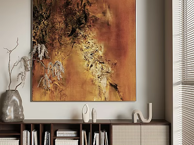 Abstract Orange Brown Oil Painting With Golden Texture On Wall Above Bookshelf With Decor 3d model
