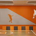 Modern Basketball Court Interior Design With Wooden Floor Orange And Black Benches And Wall Posters