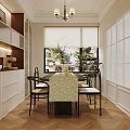 Modern Open Dining and Living Room With Beige Sofa Rug Artwork Chandelier And Herringbone Flooring