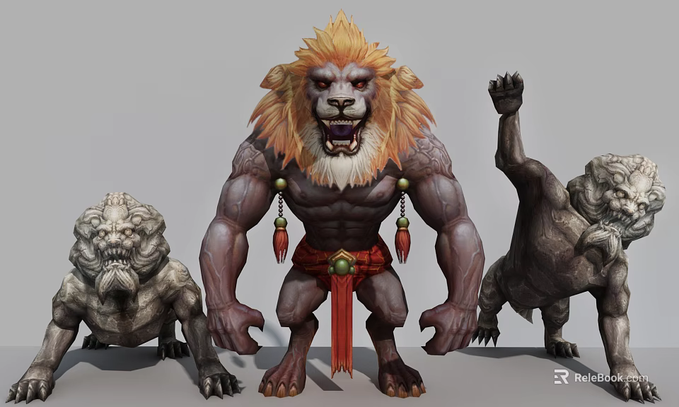 Game Movie Character Lion Headed Humanoid Orange Mane Muscular Build Stone Statue Companions 3d model 