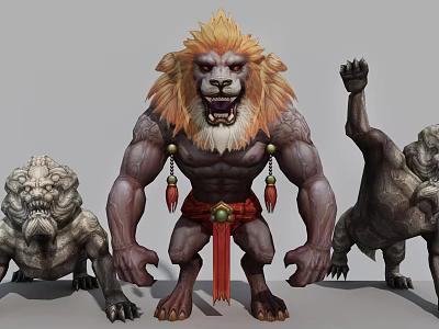 Game Movie Character Lion Headed Humanoid Orange Mane Muscular Build Stone Statue Companions 3d model