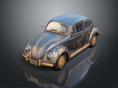Vintage Classic Beetle Car With Blue Gray Body And Gold Accents Design 3d model