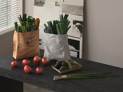 Fresh Tomatoes Cucumbers Scallions and Good Food Shopping Bags on Kitchen Table 3d model