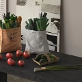 Fresh Tomatoes Cucumbers Scallions and Good Food Shopping Bags on Kitchen Table