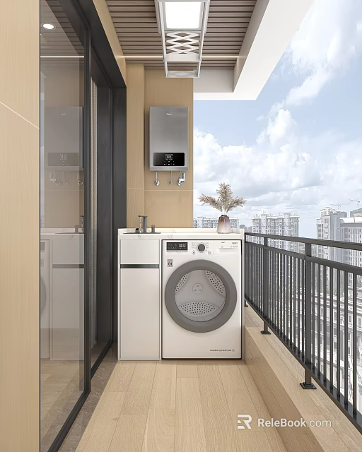 Home Balcony Design with Washing Machine Sink Water Heater Railing and Open Sky View 3d model 