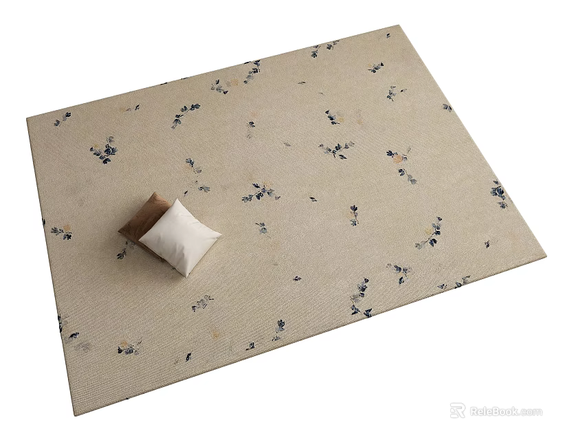 Beige Square Carpet With Small Blue Floral Patterns And White Cushion 3d model