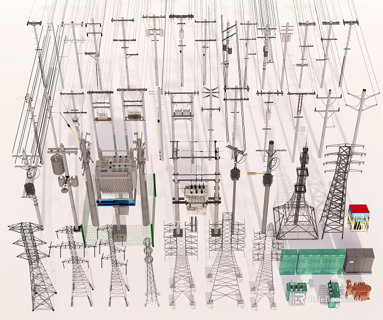 Industrial Equipment Showcase Including Power Towers Control Cabinets and Mechanical Structures 3d model 