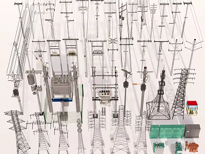 electric pole high voltage tower transformer electric pole electric tower high voltage electric box safety bar high voltage line signal tower 3d model