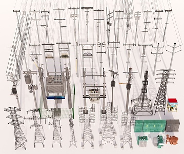 electric pole high voltage tower transformer electric pole electric tower high voltage electric box safety bar high voltage line signal tower 3d model