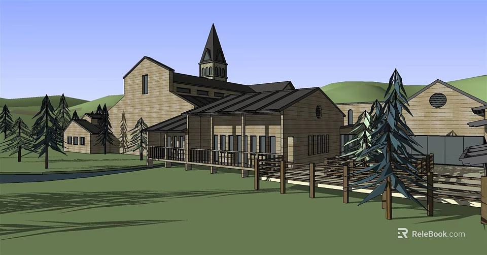 Rustic Wooden Building With Steeple Porch Grassland Trees And Wooden Fence 3d model 