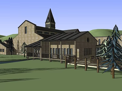 Rustic Wooden Building With Steeple Porch Grassland Trees And Wooden Fence 3d model