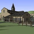 Rustic Wooden Building With Steeple Porch Grassland Trees And Wooden Fence