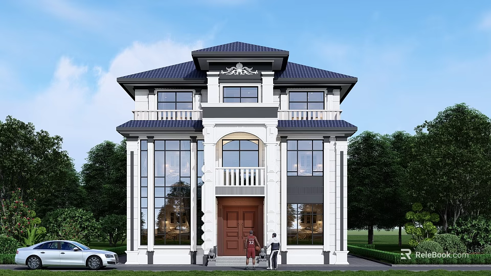 European Style Two Story Detached Villa With White Exterior Dark Roof And Green Trees 3d model 