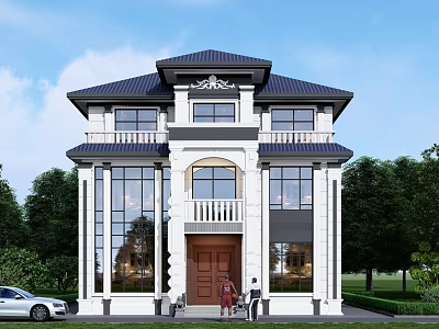 European Style Two Story Detached Villa With White Exterior Dark Roof And Green Trees 3d model
