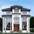 European Style Two Story Detached Villa With White Exterior Dark Roof And Green Trees