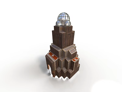 Brown Multi Level Building With Glass Dome Top And Red Accent Windows 3d model