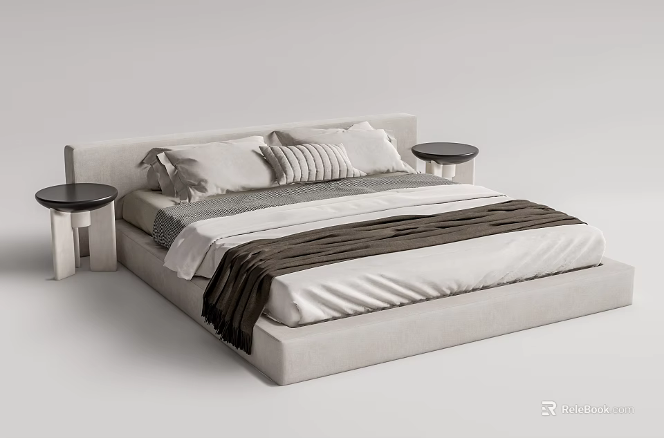 Modern Double Bed with Upholstered Headboard Linen Sheets and Side Bedside Tables 3d model