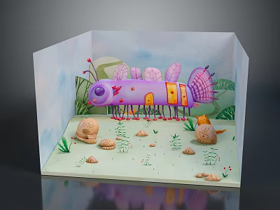 Purple Insect Themed Miniature Paper Craft Scene With Green Plants And Blue Sky 3d model