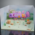 Purple Insect Themed Miniature Paper Craft Scene With Green Plants And Blue Sky