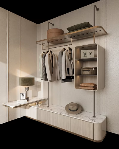 Modern Wardrobe Interior With Hanging Clothes Storage Shelf Hat Lamp And Picture Frame 3d model