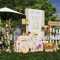 Colorful Parent Child Fruit Themed Photo Check in Spot With Welcome Sign Flowers And Grass Decorations