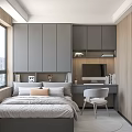 Modern Bedroom Interior With Wooden Panel Walls Black Wardrobe Bed With Pillows And Plaid Blanket