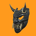 Black Decorative Mask Ornament Set With Horns And Fangs On Orange Background