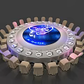 Elegant Round Dining Table Set With Illuminated Blue Center And Surrounding White Chair Covers