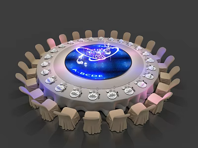 Elegant Round Dining Table Set With Illuminated Blue Center And Surrounding White Chair Covers 3d model