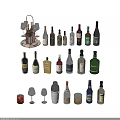 Various Wine Bottles and Glasses Arranged with Bar Tools and Accessories