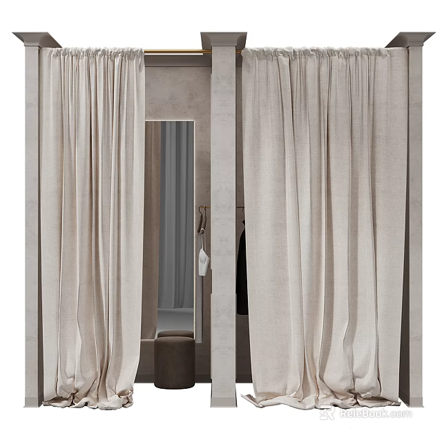 Spacious Clothing Store Fitting Room With Beige Curtains And Full Length Mirror Interior 3d model 