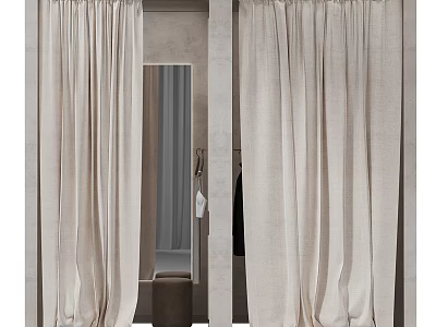 Spacious Clothing Store Fitting Room With Beige Curtains And Full Length Mirror Interior 3d model