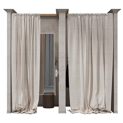 Spacious Clothing Store Fitting Room With Beige Curtains And Full Length Mirror Interior 3d model
