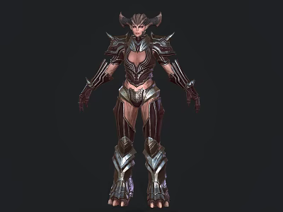 Fantasy Female Game Movie Character with Horned Spiked Metallic Armor Standing Pose 3d model