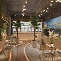 Tent Themed Restaurant Interior With Green Plants String Lights And City Sunset View
