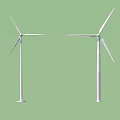 Two Wind Turbines Standing On Green Background For Clean Energy Production