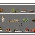 Fresh Various Fruits Arranged on Shelves with Decorative Bowls and Ornaments