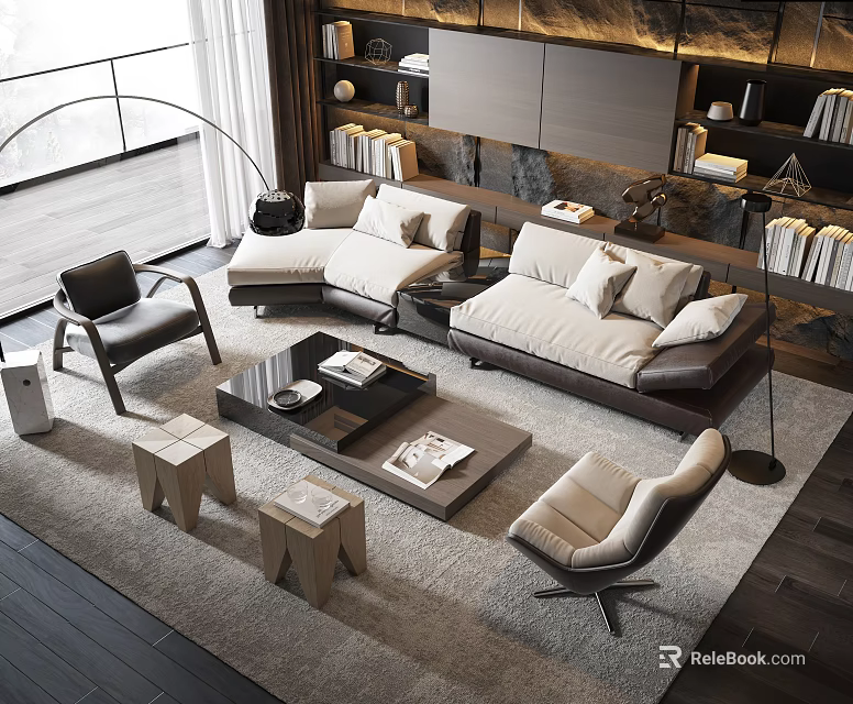 Modern Sofa Coffee Table Set In Living Room With Accent Chairs Floor Lamp And Bookshelves 3d model 