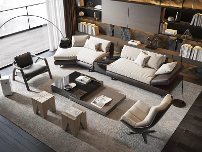 Modern Sofa Coffee Table Set In Living Room With Accent Chairs Floor Lamp And Bookshelves 3d model